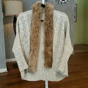 Knit Sweater Shawl with Faux Fur Collar
